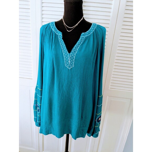 Lane Bryant Blouse Women's Plus 18 Boho Teal Rayon Embroidery Long Sleeve Hippie - Picture 1 of 13